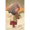 n°28569 - Carte Gaufrée - God Jul - 6559 - Fillette portant un panier rempli de gui, marchant dans la neige