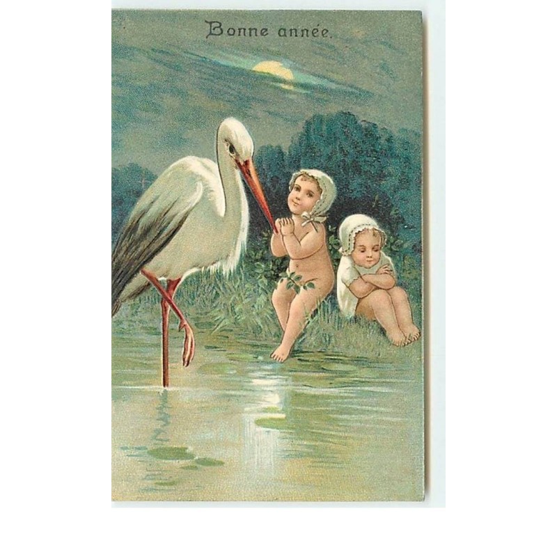 n°13433 - Carte Gaufrée - Bonne Année - Bébés près de l'eau avec une cigogne