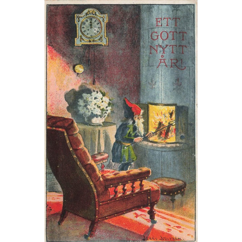 n°28574 - Illustrateur Jenny Nyström - Ett Gott nytt Ar - Lutins s'occupant  d'un feu de cheminée