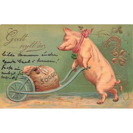 n°28575 - Carte Gaufrée - Godt nytt Ar - Cochon poussant  un sac de pièce à l'aide d'une brouette