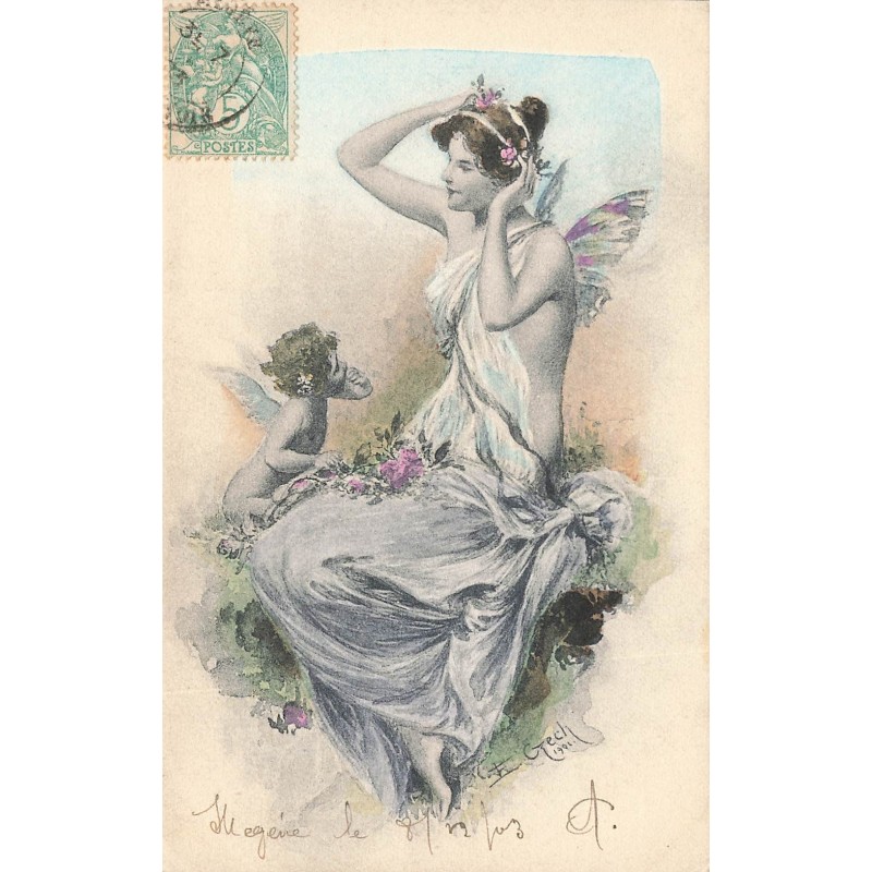 n°28577 - Fantaisie - Illustrateur F. Czech - Ange regardant une jeune fée se recoiffant