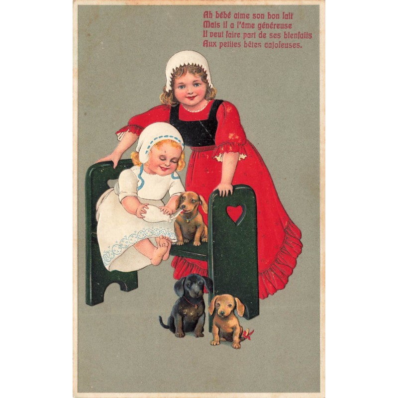n°28579 - Carte Gaufrée - Flatscher 7052 - Ah bébé aime son bon lait - Jeune fille avec un bébé et des teckels