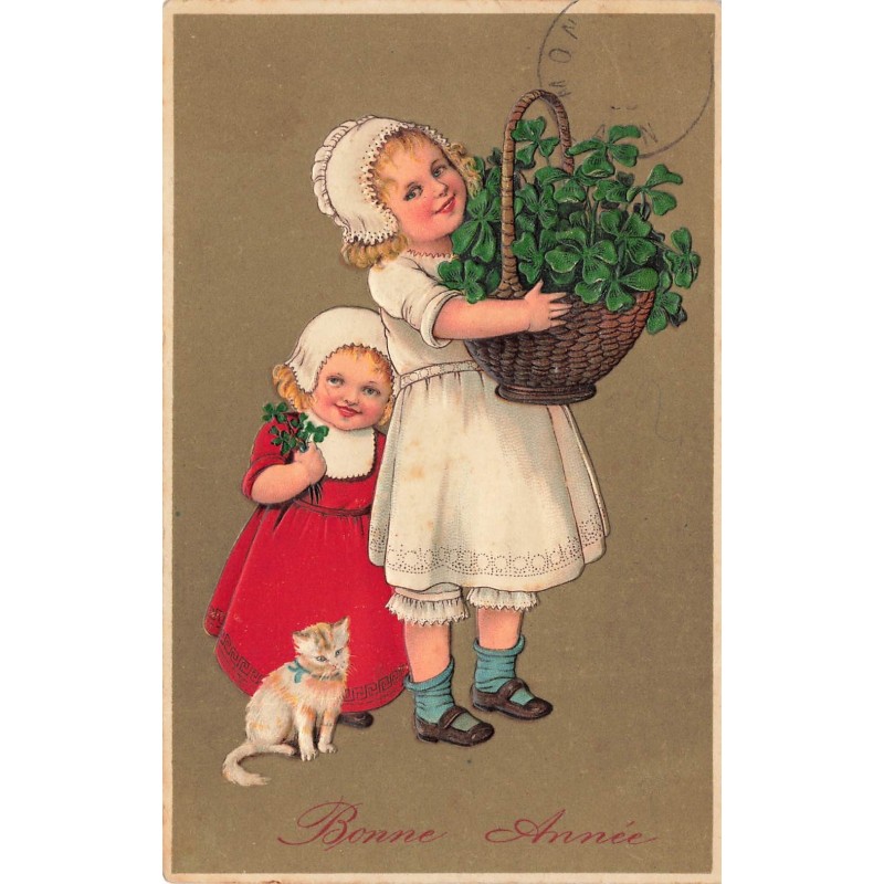 n°28582 - Carte Gaufrée - Flatscher 7089 - Bonne Année - Jeune fille portant des trèfles dans un panier - chat