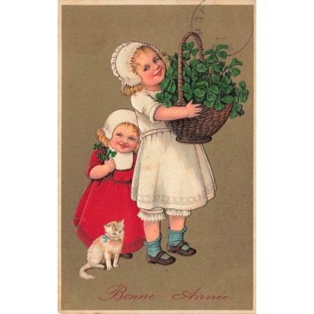 n°28582 - Carte Gaufrée - Flatscher 7089 - Bonne Année - Jeune fille portant des trèfles dans un panier - chat