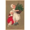 n°28582 - Carte Gaufrée - Flatscher 7089 - Bonne Année - Jeune fille portant des trèfles dans un panier - chat