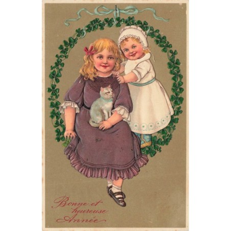 n°28583 - Carte Gaufrée - Flatscher 7089 - Bonne et Heureuse Année - Deux fillettes et un chat