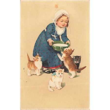 n°28584 - Fantaisie - 557 - Flatscher - Fillette apportant un gamelle remplie de lait pour des chatons