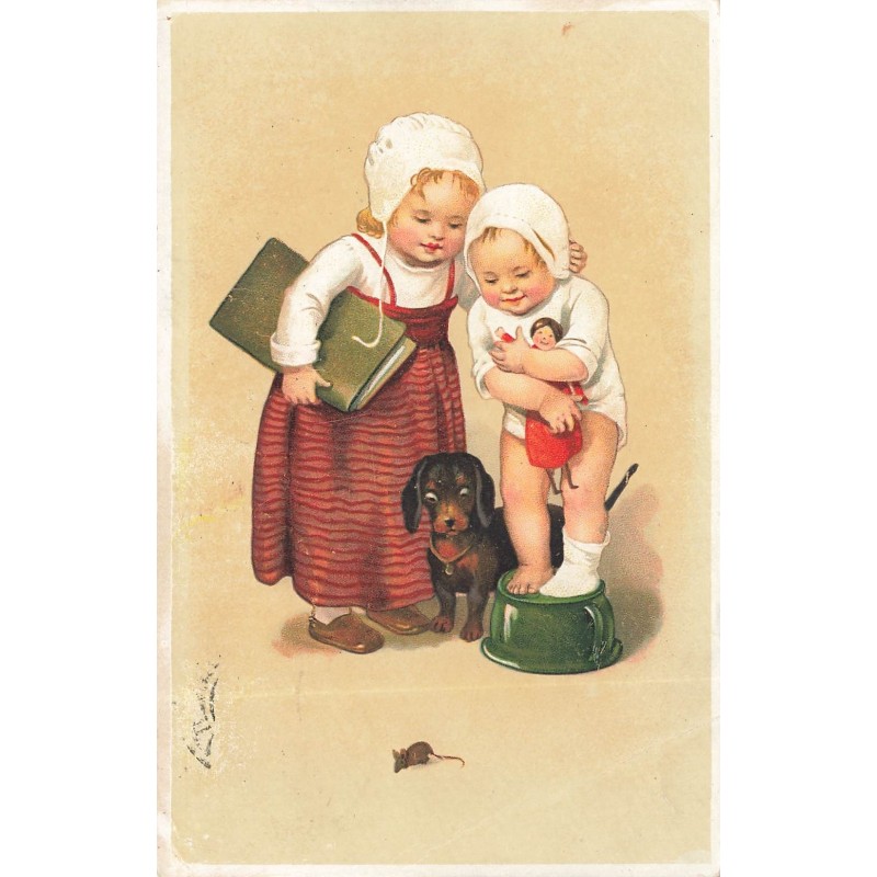n°28585 - Fantaisie - 557 - Flatscher - Deux fillettes et un teckel regardant une souris