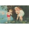 n°28586 - Fantaisie - Flatscher - Enfants les pieds dans l'eau regardant une grenouille sur un nénuphar