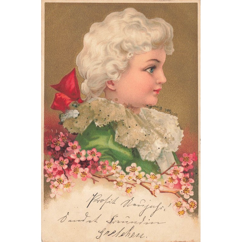 n°28588 - Carte avecPailettes -Clapsaddle - Profil d'un jeune enfant avec des fleurs de cerisier