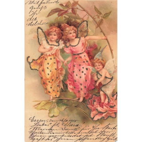 n°28589 - Carte avec Paillettes - Clapsaddle - Deux fées et un ange au milieu de roses
