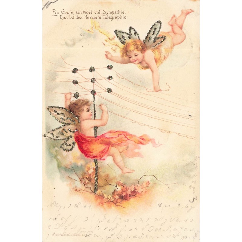 n°28590 - Carte avec Paillettes - Clapsaddle - Deux Anges réparant des lignes électriques