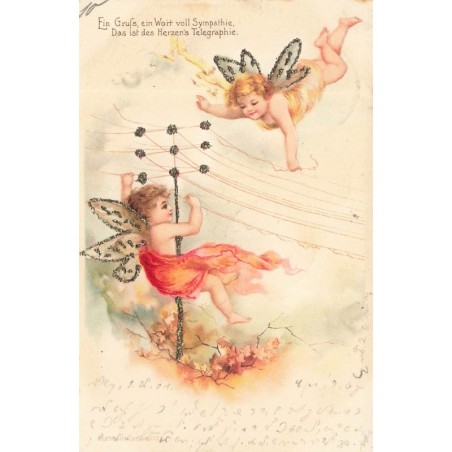 n°28590 - Carte avec Paillettes - Clapsaddle - Deux Anges réparant des lignes électriques