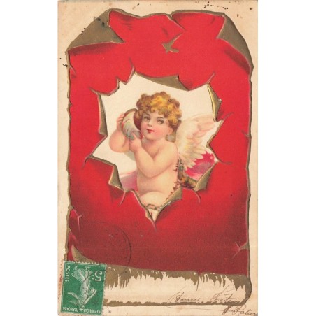 n°28591 - Carte Gaufrée - Clapsaddle - Ange au milieu d'un papier déchiré