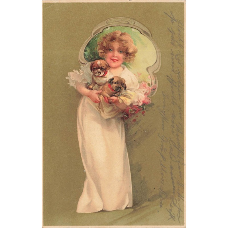 n°28594 - Fantaisie - Meissner - Jeune fille portant deux chiens - Bouledogue