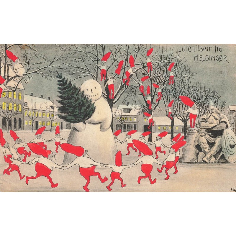 n°28600 - Julenilsen fra Helsingör - Lutins faisant une ronde autour d'un bonhomme de neige