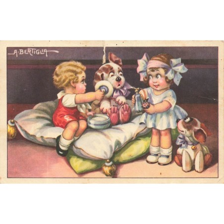 n°28605 - Illustrateur A . Bertiglia - Deux enfants poudrant et parfumant un chien