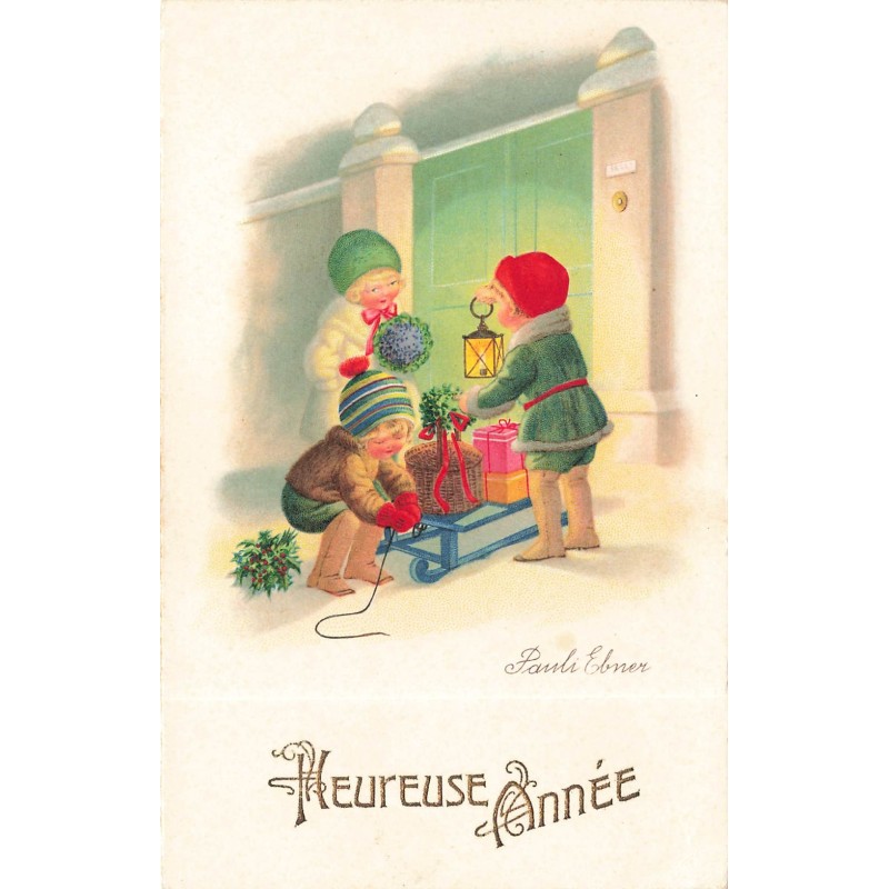 n°28608 - Illustrateur Pauli Ebner - Heureuse Année - Enfants préparant des cadeaux sur une luge devant une maison