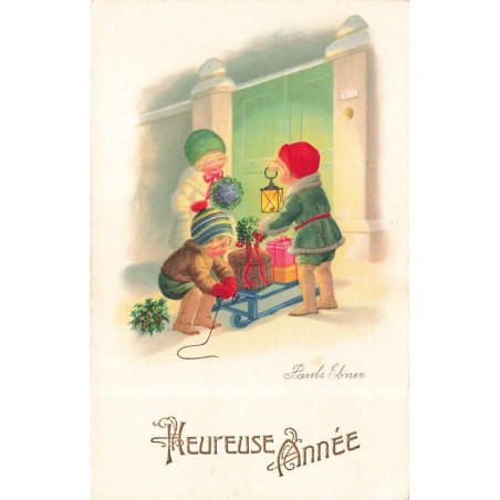 n°28608 - Illustrateur Pauli Ebner - Heureuse Année - Enfants préparant des cadeaux sur une luge devant une maison