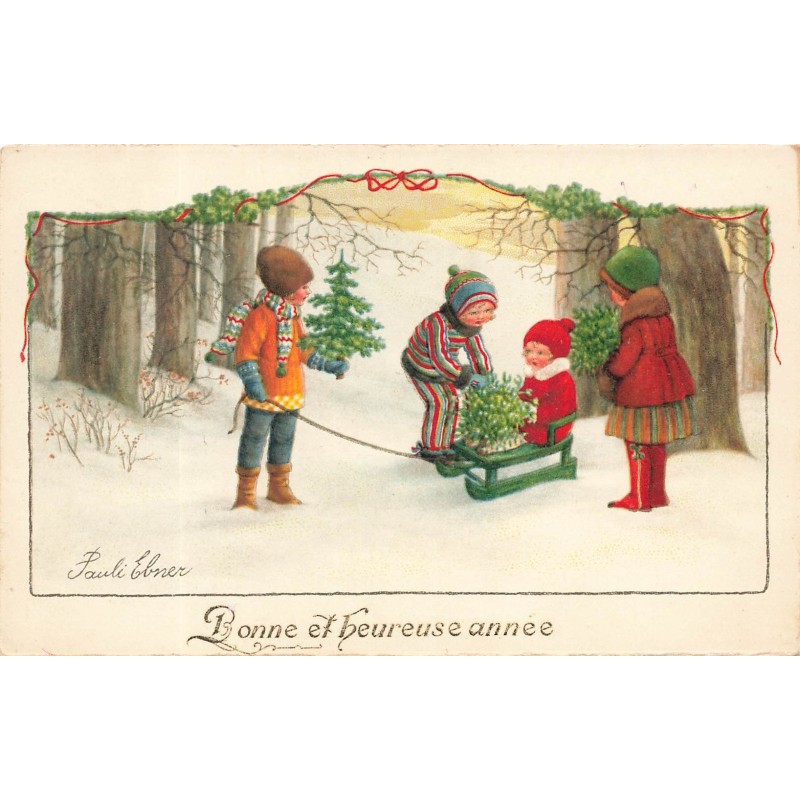 n°28609 - Illustrateur Pauli Ebner - Bonne et Heureuse Année - Enfants transportant du gui sur une luge