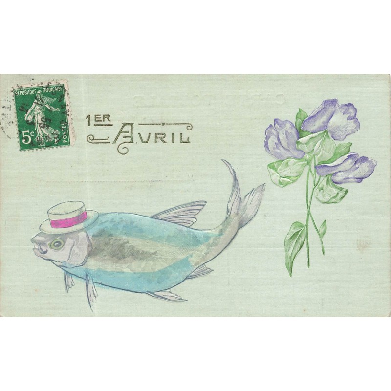 n°28622 - Carte Gaufrée- 1er Avril - Poisson portant un chapeau et Violettes