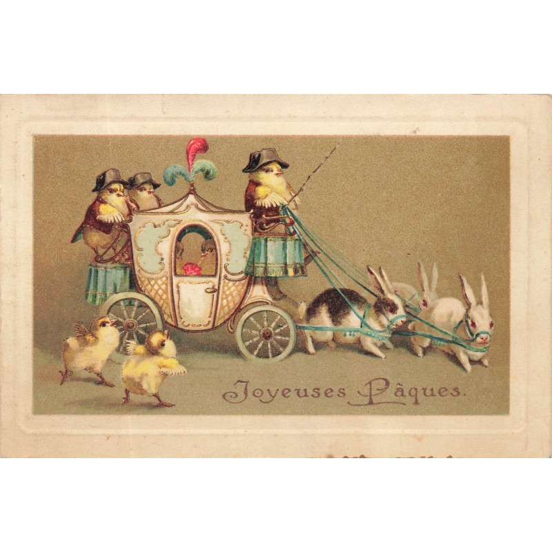 n°28625 - Joyeuses Pâques - Carrosse avec des poussins, tiré par des lapins