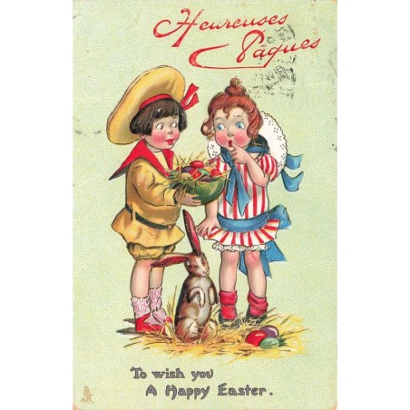 n°28627 - Carte Gaufrée - Heureuses Pâques - To wish you a Happy Easter - Enfants avec des oeufs