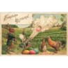 n°28628 - Carte Gaufrée - Pâques - Fröhliche Ostern - Lièvre habillé, lançant des oeufs avec un canon