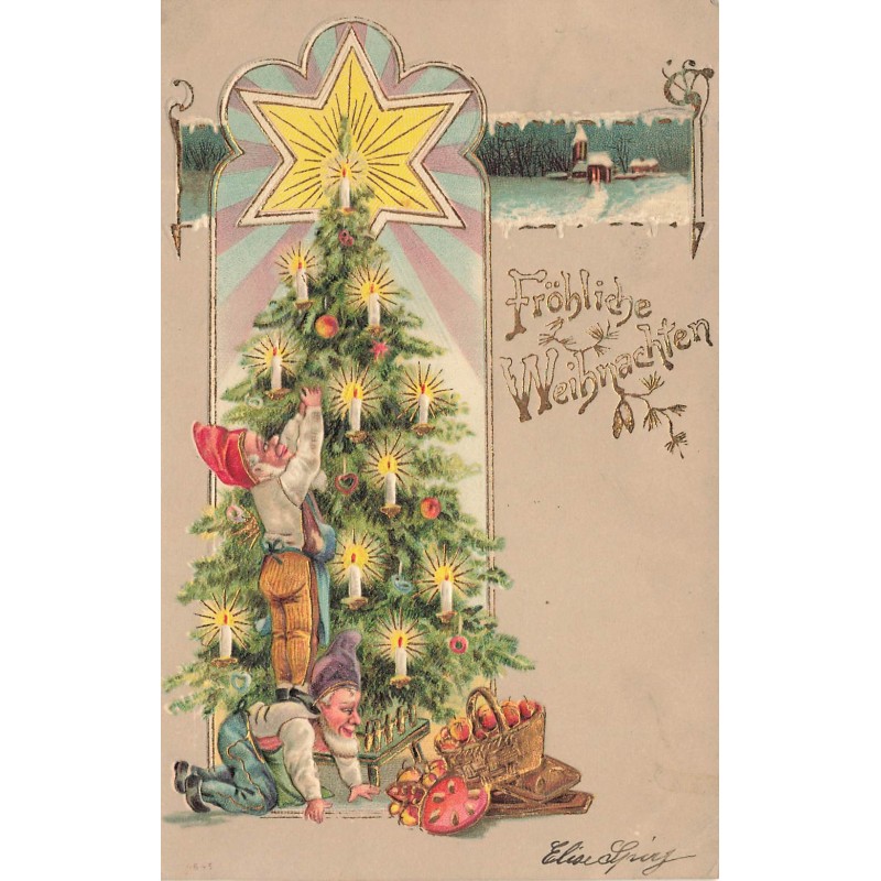 n°28630 - Carte Gaufrée - Noël - Fröhliche Weihnachten - Lutins décorant un sapin