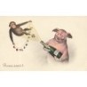 n°28631 - Bonne Année - Cochon débouchant une bouteille de champagne vers un chimpanzé