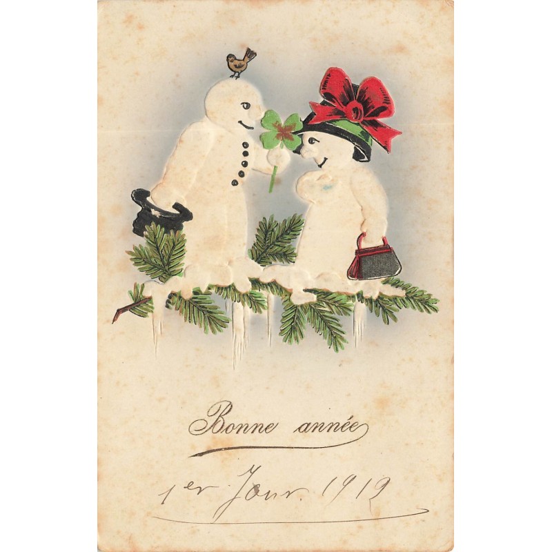 n°28634 - Carte Gaufrée - Bonne Année - Couple de bonhommes de neige