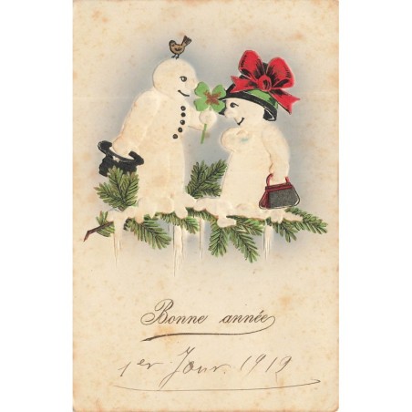 n°28634 - Carte Gaufrée - Bonne Année - Couple de bonhommes de neige