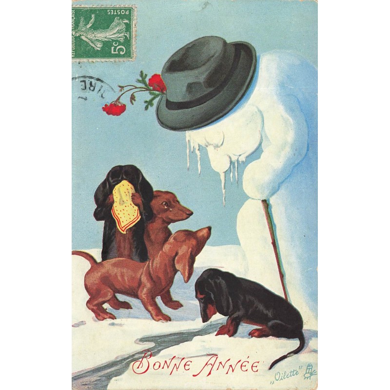 n°28635 - Nouvel An - Bonne Année - Bonhomme de neige et teckels - dackel