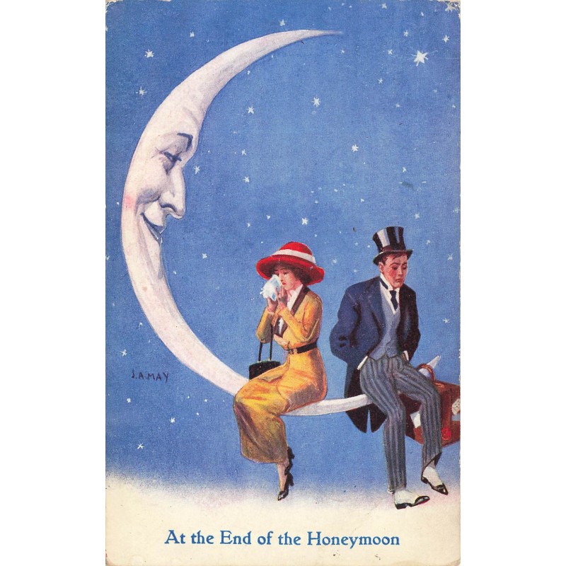 n°28636 - Fantaisie - As the End of the Honeymoon - Couple dos à dos assis sur un croissant de lune