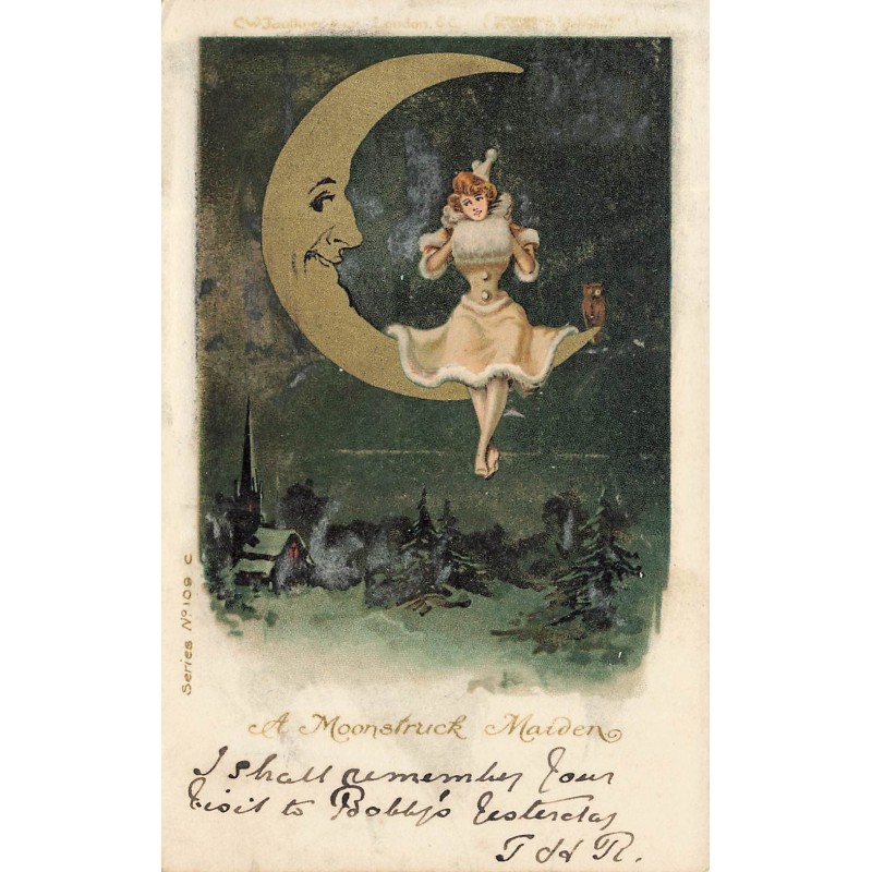 n°28637 - Fantaisie - A Moonstruck Maiden - Femme assisse sur un croissant de lune humanisé