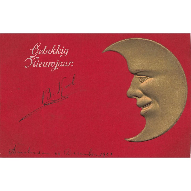 n°28638 - Carte Gaufrée - Gelukkig Niewjaar - Croissant de lune humanisé