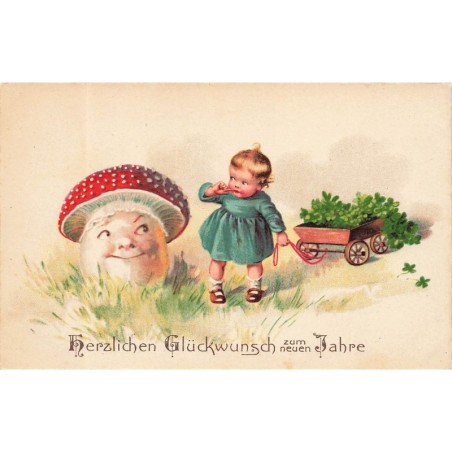 n°28639 - Nouvel An - Fillette regardant un champignon humanisé