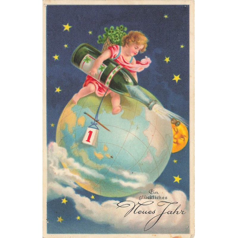 n°28641 - Nouvel An - Ange assis sur un globe, débouchant une bouteille de champagne