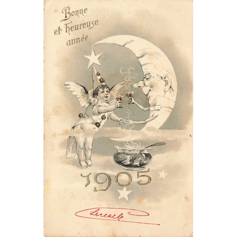 n°28642 - Nouvel An - Bonne et Heureuse Année 1905 - Ange trinquant avec la lune humanisée