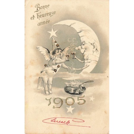 n°28642 - Nouvel An - Bonne et Heureuse Année 1905 - Ange trinquant avec la lune humanisée