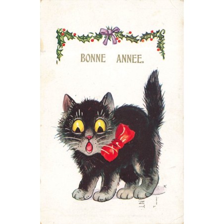 n°28648 - Animaux - Bonne Année - Chat noir, portant un noeud rouge