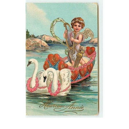 n°13468 - Carte Fantaisie - Heureuse Année - Cupidon dans une barque tirée par des cygnes