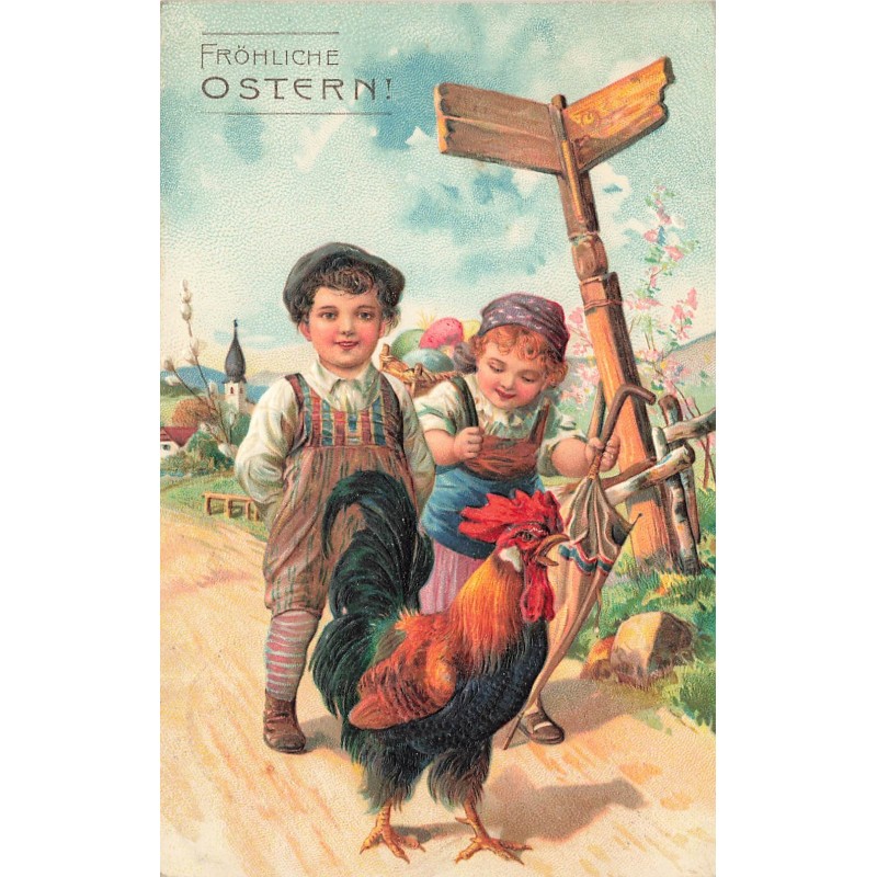 n°28663 - Carte Gaufrée - 6800 - Pâques - Fröhliche Ostern - Enfants suivant un coq