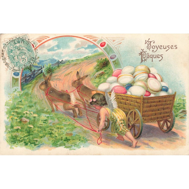 n°28666 - Carte Gaufrée - Joyeuses Pâques - Ange près d'une charette remplie d'oeufs, tirée par des lièvres