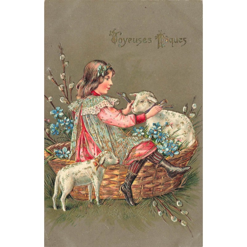 n°28668 - Carte Gaufrée - Joyeuses Pâques - Jeune fille câlinant des moutons