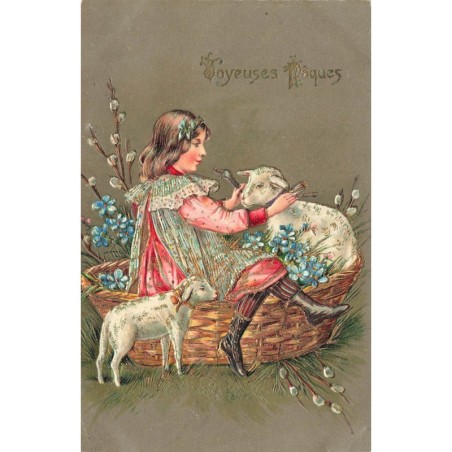 n°28668 - Carte Gaufrée - Joyeuses Pâques - Jeune fille câlinant des moutons