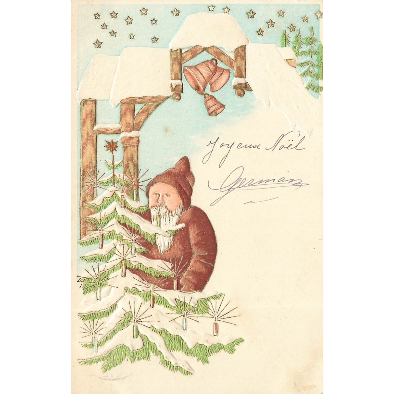n°28669 - Carte Gaufrée - Père Noël près d'un sapin, sous des cloches