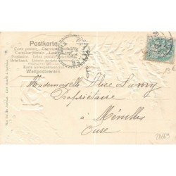 n°28669 - Carte Gaufrée - Père Noël près d'un sapin, sous des cloches