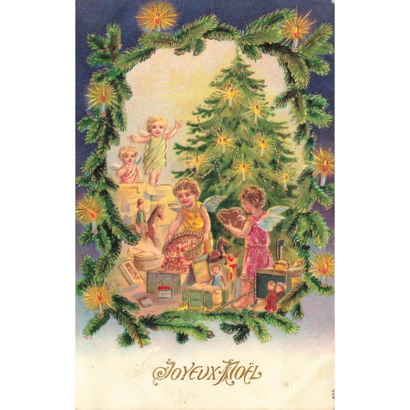 n°28671 - Carte Gaufrée - Joyeux Noël - Anges disposant des cadeaux autour d'un sapin