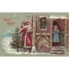 n°28672 - Carte Gaufrée - Noël Noël - Père Noël se cachant d'une fillette sur un pas de porte sous la neige